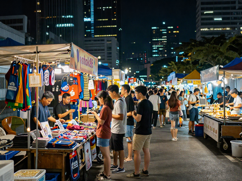 A vibrant night bazaar scene showcasing exclusive rokok88 merchandise with diverse shoppers exploring colorful stalls.