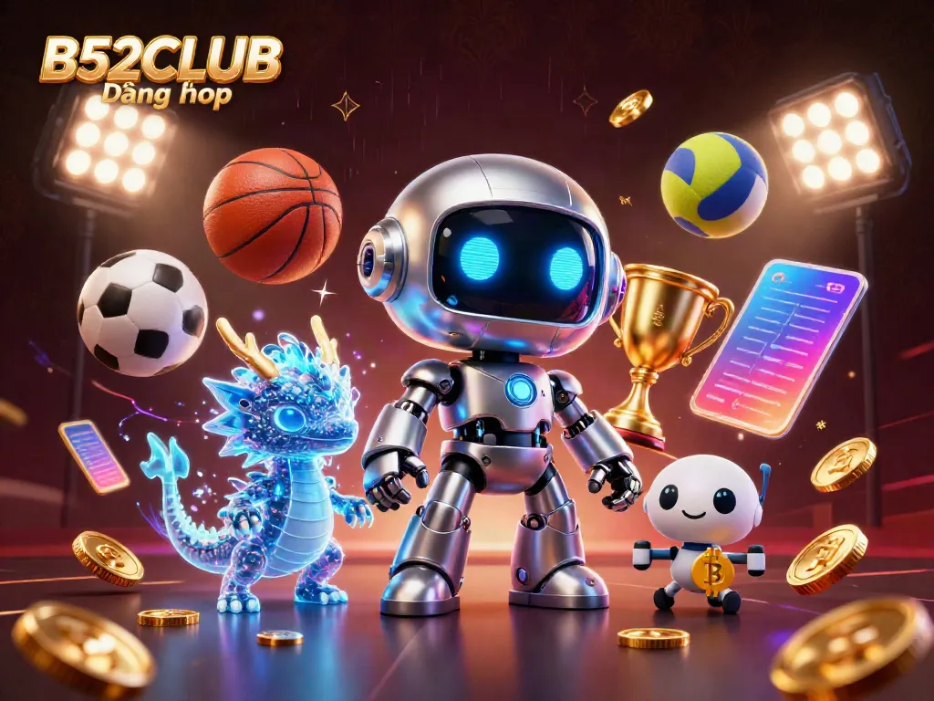 B52CLUB Đăng nhập scene featuring animated characters and sports betting elements in a vibrant digital illustration.