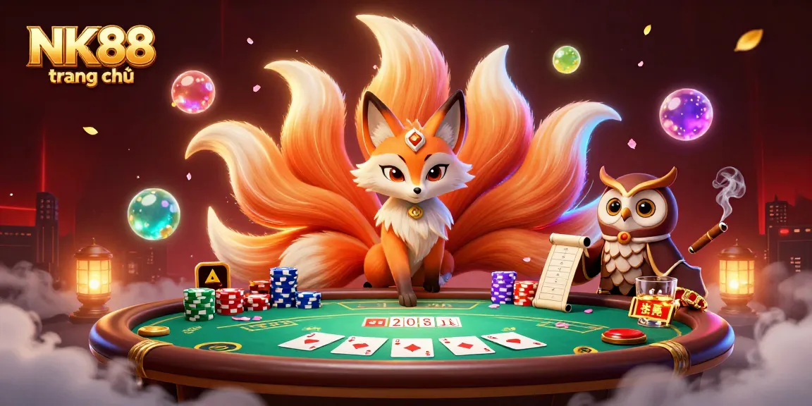 Engage with NK88 trang chủ as vibrant characters unfold a rich casino scene with poker elements and enchanting visuals.