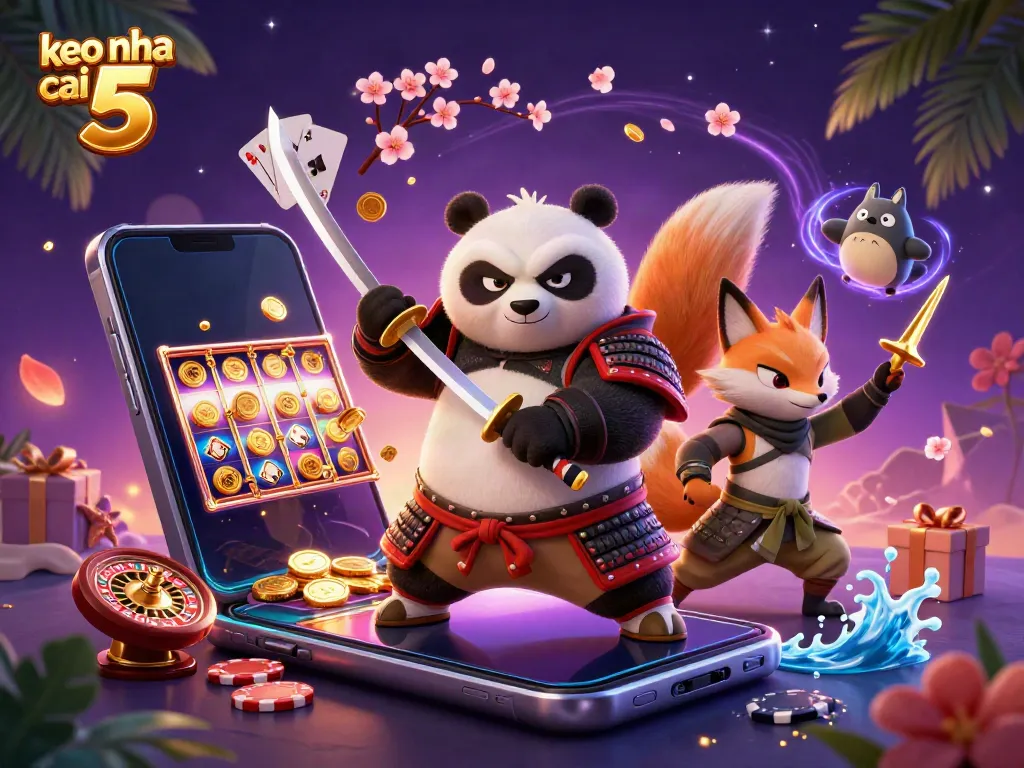Experience thrilling action with the keo nha cai 5 featuring a samurai panda, ninja fox, and gaming elements.
