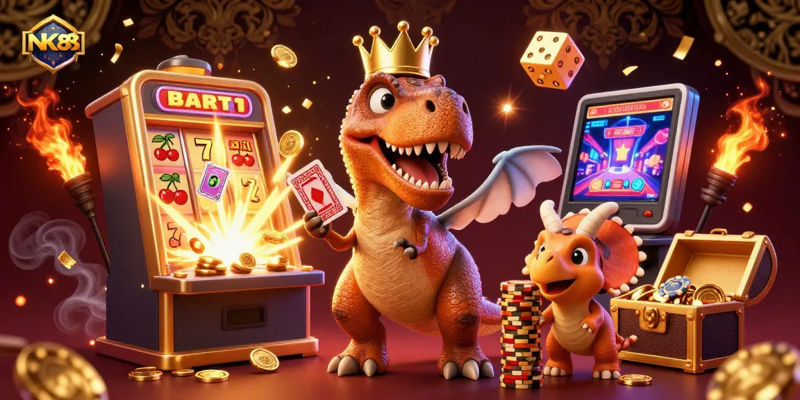 Join the action as NK88 players engage in casino games with vibrant characters in a dynamic scene.
