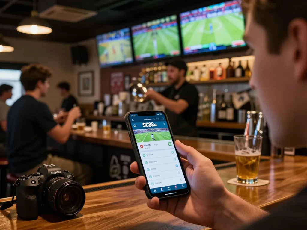 Engaging in sports betting using SC88 Link app on smartphone at a lively sports bar