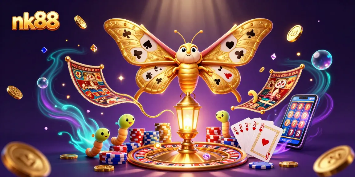 Engage with the exciting world of nk88 casino gaming illustrated with vibrant elements like golden coins and a spinning roulette wheel.