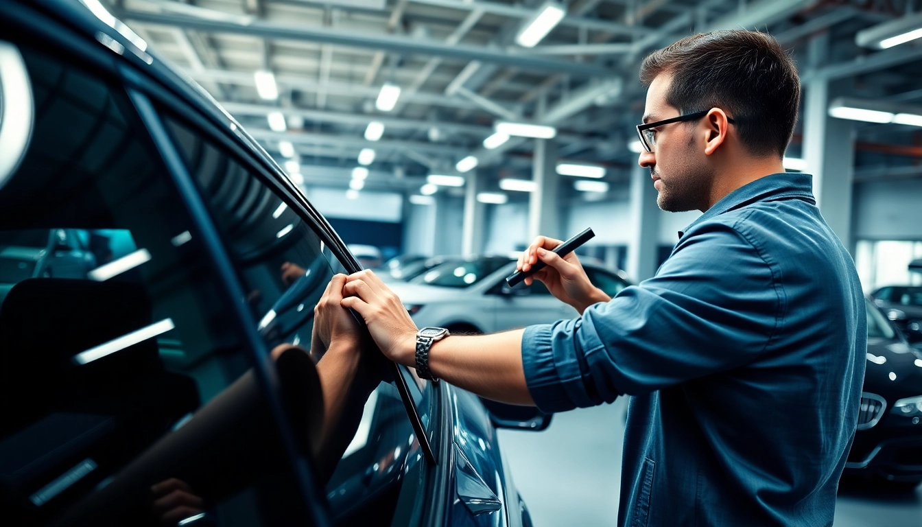 Skilled technician performing window tinting Cleveland TN in a modern garage, showcasing expertise.