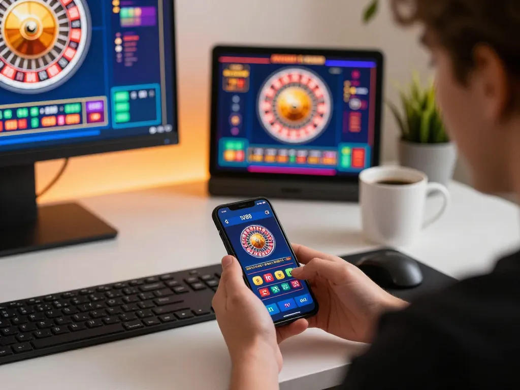 Engaging with LV88 casino app on smartphone at a modern desk