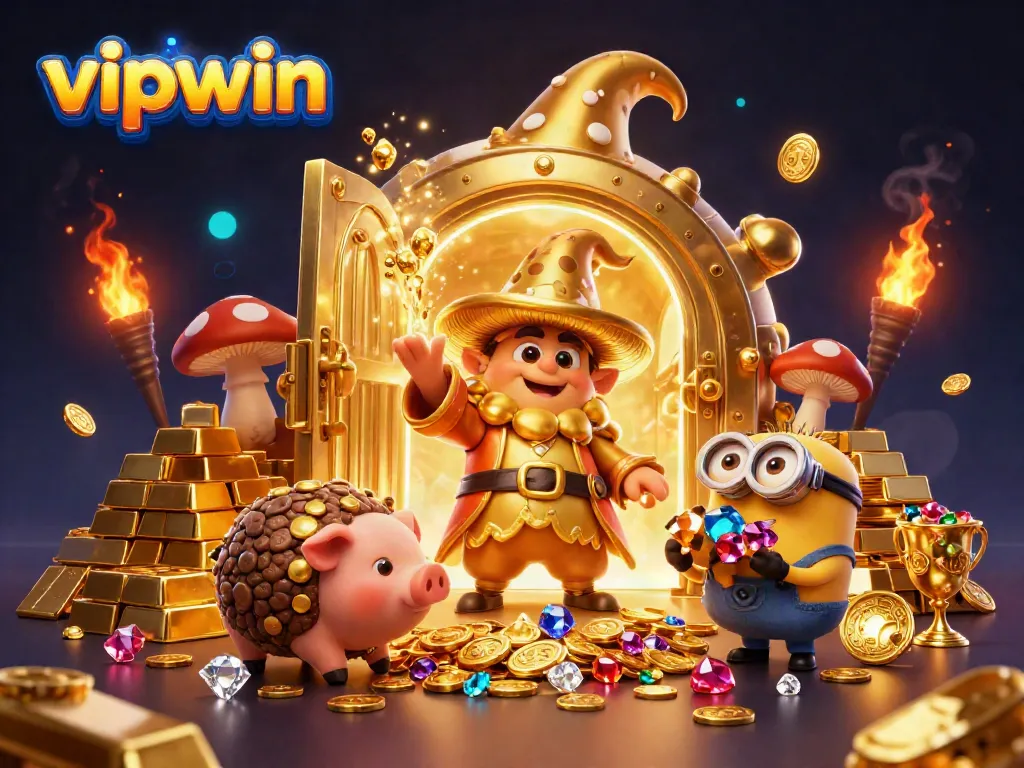 Engage in exciting gameplay at vipwin with vibrant 3D illustration of mystical characters and treasures.