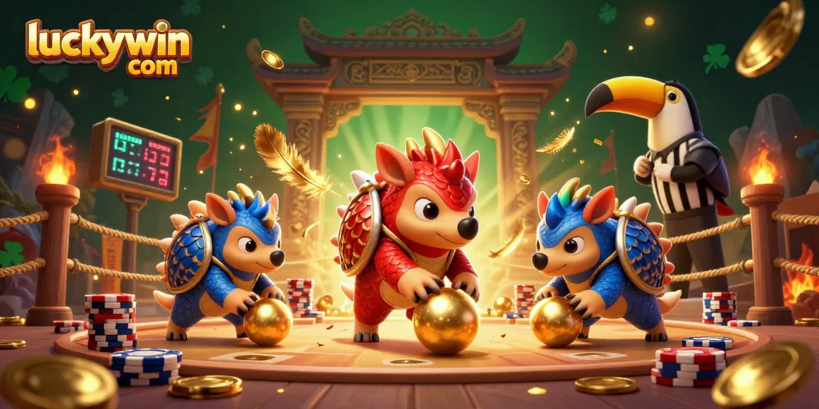 Compete at luckywin com with dynamic pangolins rolling through poker chips in a vibrant casino scene.