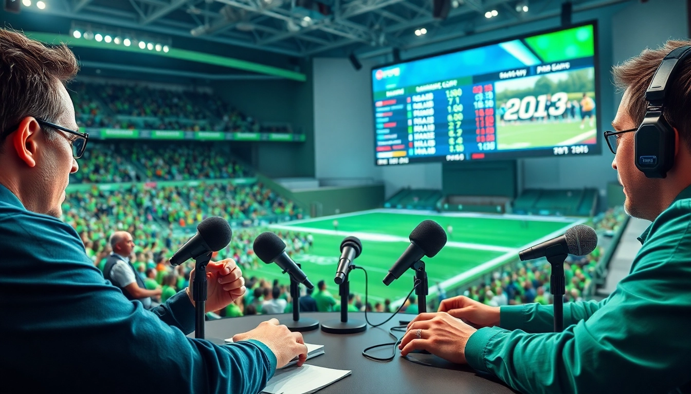 Engaging scene of sports broadcasting with analysts and live stats for Sports Broadcasting.