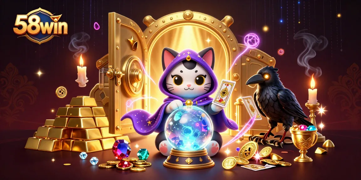 Experience thrilling gameplay with 58win's vibrant 3D illustration depicting fortune and fortune tellers.