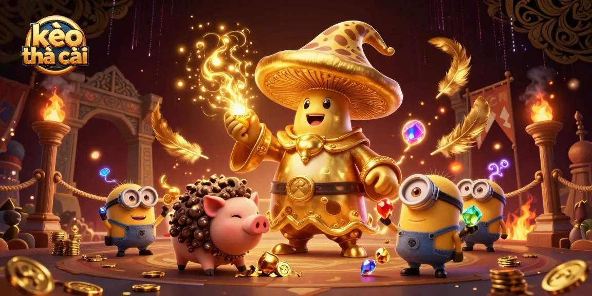 Engage with kèo nhà cái scene featuring a golden wizard and treasure-finding pig for dynamic betting insights.