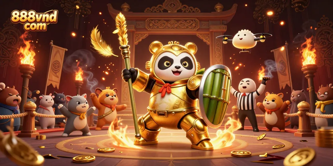 Engage in thrilling gameplay with 888vnd com's golden panda mech robot at a lively casino arena.