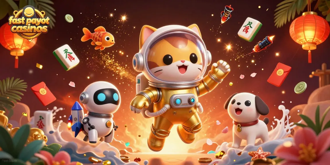 Experience fast payout casinos with a dynamic scene of an astronaut cat and a robot dog in a vibrant universe.