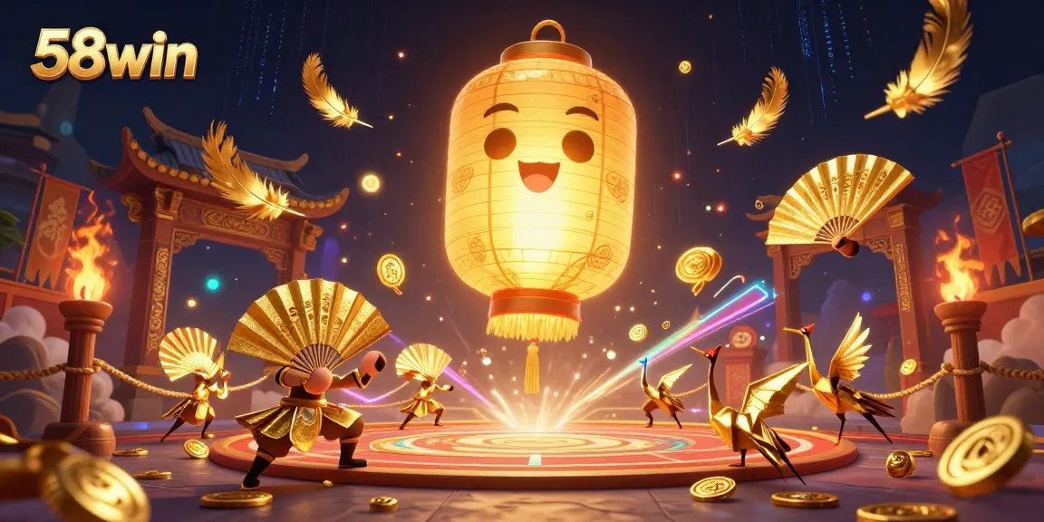 Experience thrilling games and bonuses at 58win, showcasing festive characters and dynamic casino elements.