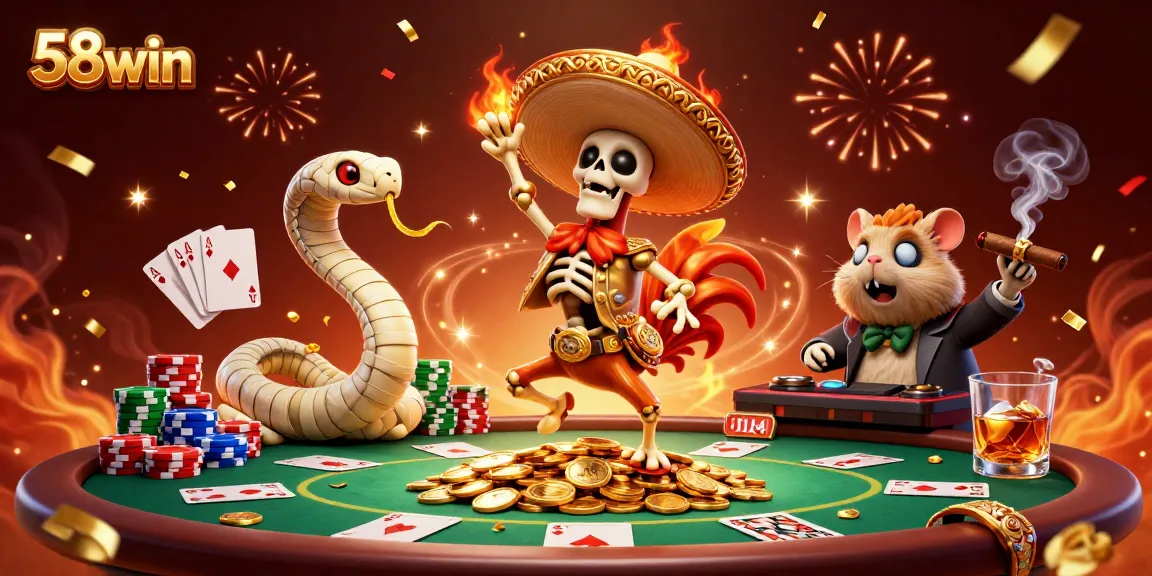 Unleash your winnings with 58win as a skeleton mariachi dances over golden coins at a vibrant poker scene.