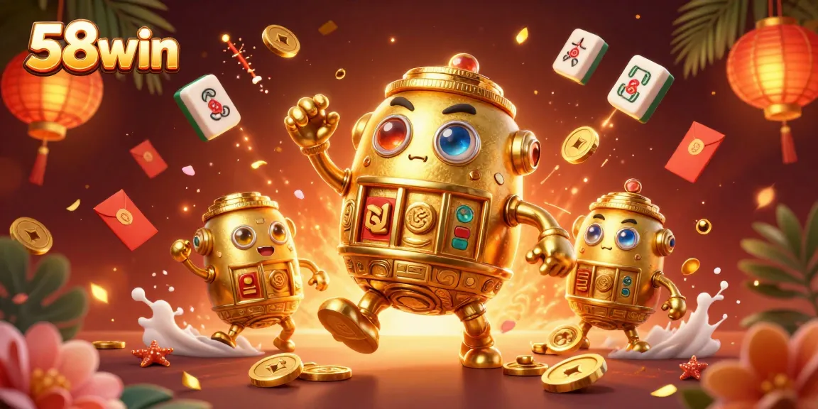 Experience the thrill of winning at 58win with vibrant gaming elements and golden treasures.