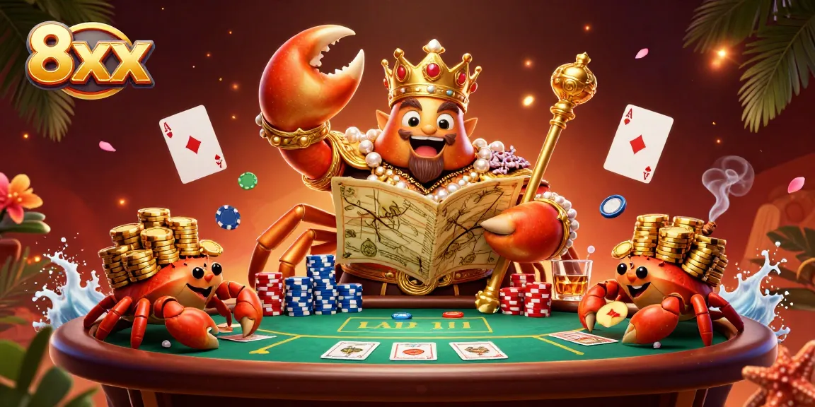 Play animated poker games with 8xx, featuring a golden crab emperor and vibrant stacked chips.
