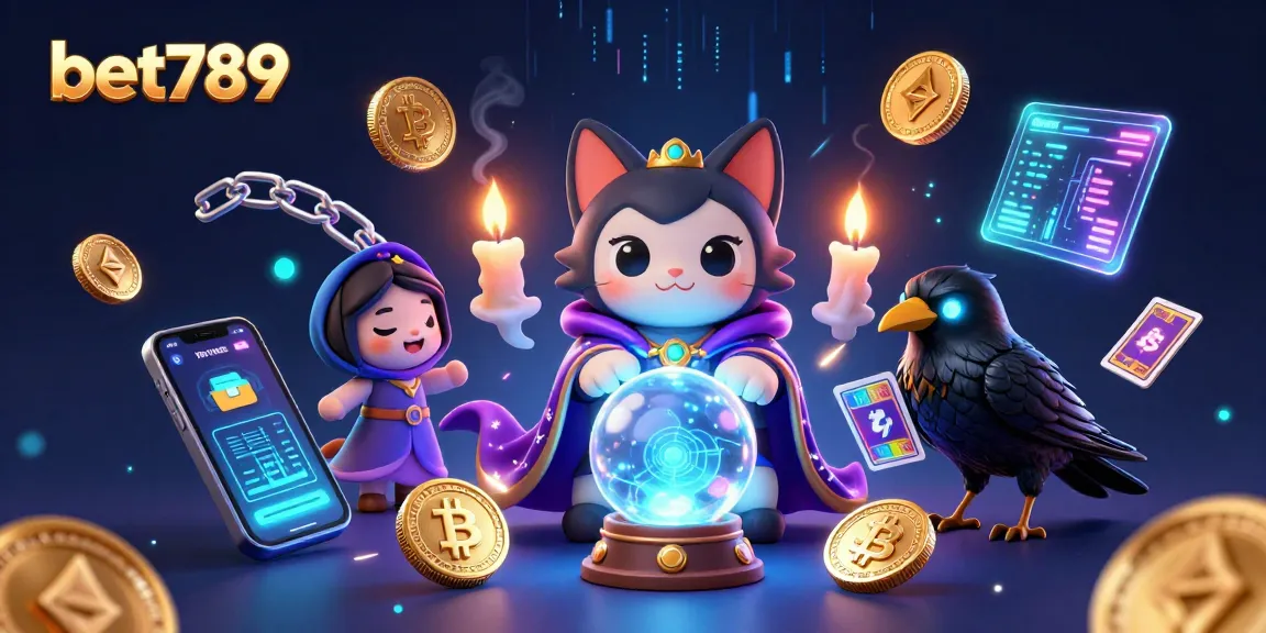 Bet789 illustrates a thrilling casino scene with mystical elements and vibrant cryptocurrency icons.