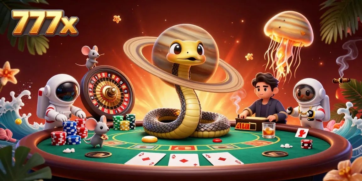 Engage in the exciting 777x casino experience with a vibrant cosmic gambling scene full of action.