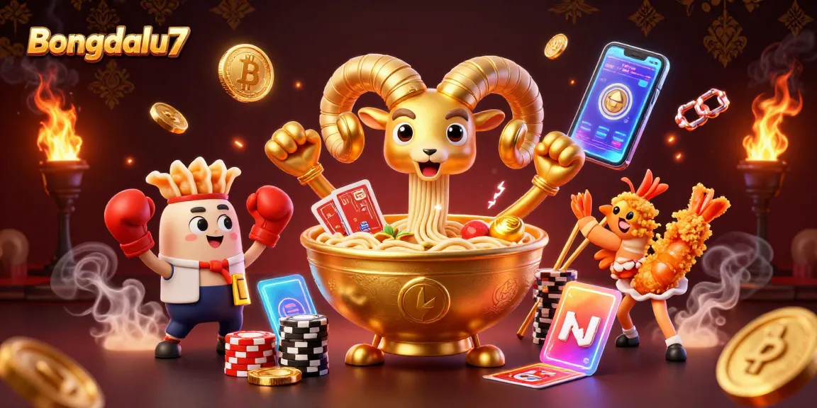 Bongdalu7 showcases a dynamic casino scene with animated characters and cryptocurrencies representing vibrant online betting.