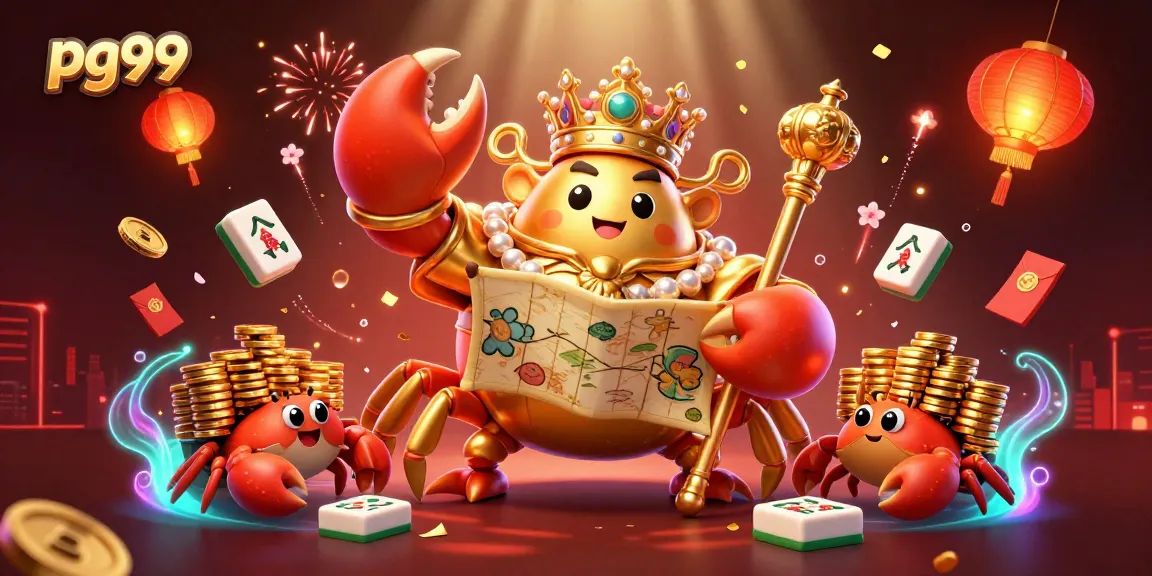 Experience the exciting world of pg99 with a golden crab emperor and treasures in a vibrant casino scene.