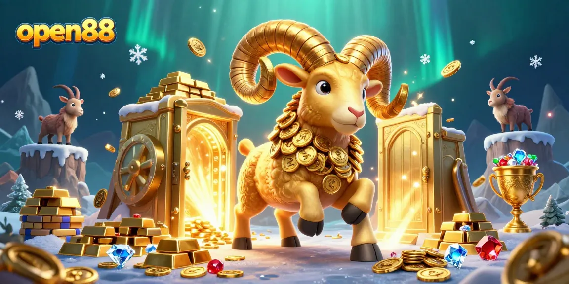 Engage with open88’s thrilling casino adventure featuring iconic golden ram amid jewels and treasures.