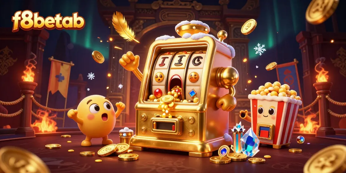f8betab showcases an exciting jackpot win with a cartoon slot machine celebrating coins pouring out.