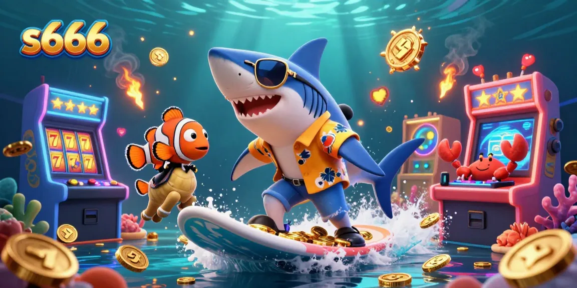 Experience the excitement of the s666 casino scene featuring a hammer-head shark surfing gold coins alongside vibrant game elements.