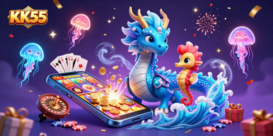 KK55 immersive gaming environment featuring dragon, seahorse knight, and neon jellyfish in 3D.