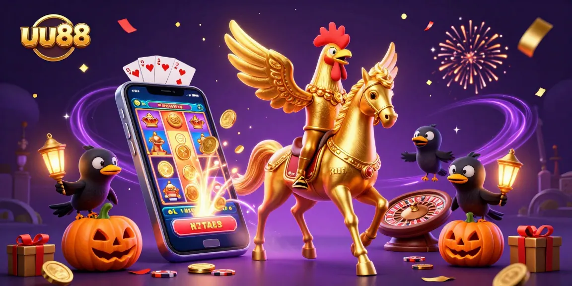 Join the thrilling action at uu88 with golden rooster in a bustling casino scene filled with vibrant games.