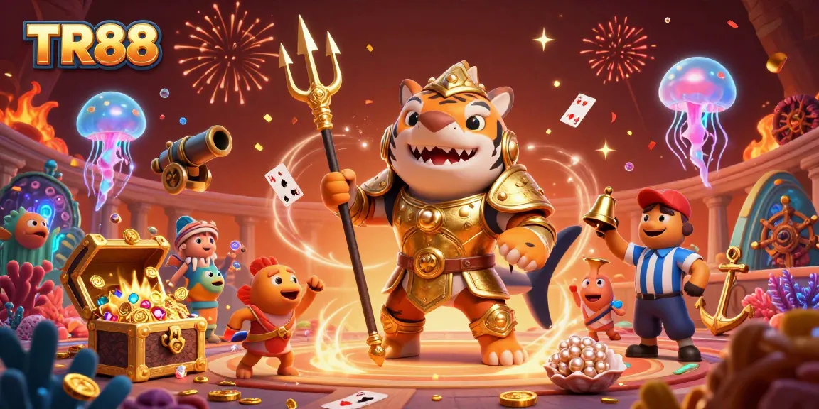 Experience thrilling gameplay at TR88 with a vibrant underwater casino scene featuring a shark in gladiator armor.