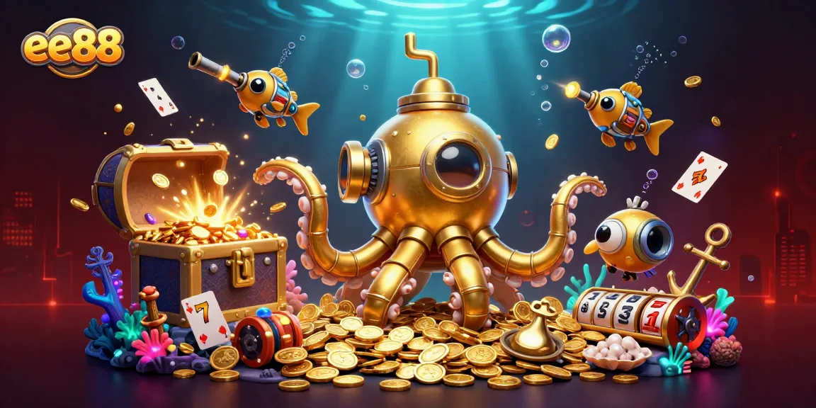 Engage with the vibrant underwater scene featuring ee88's golden kraken submarine amidst dynamic casino elements.