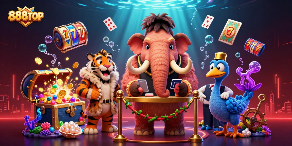 Experience the fun at 888TOP casino with a vibrant illustration of a mammoth bouncer and casino elements.
