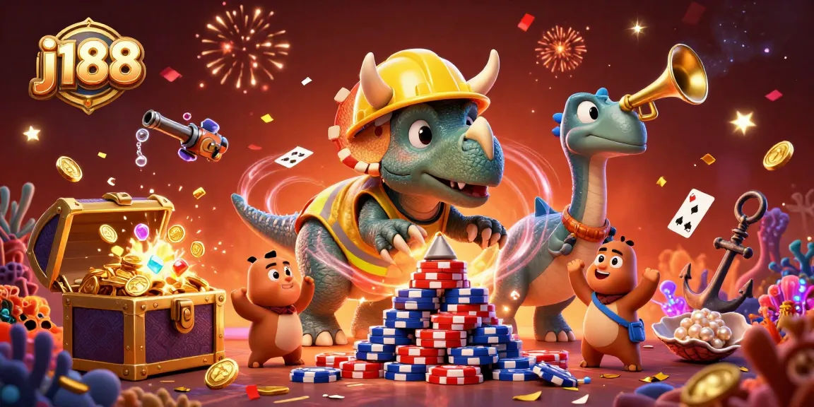 Celebrate winning at j188 with this vibrant 3D illustration of a triceratops building poker chip pyramids.