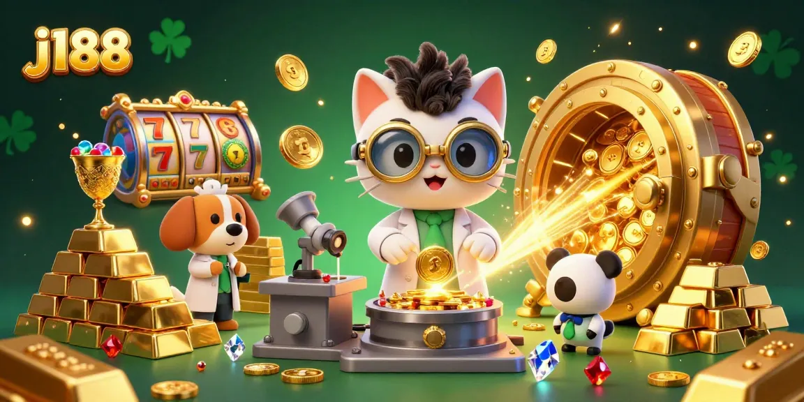 Experience the thrilling j188 casino world with a mad scientist cat and dog amid gold and jackpot reels.