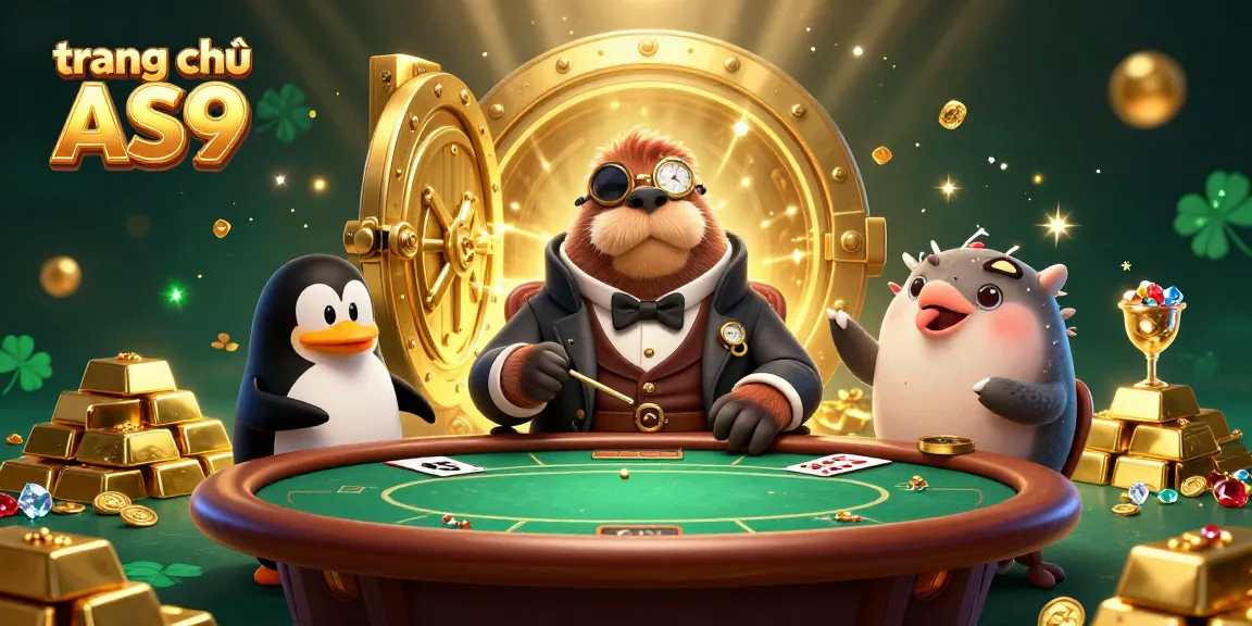 Engage with tràng chủ AS9 at a thrilling poker table with a walrus, dealer penguin, and bluffing pufferfish.