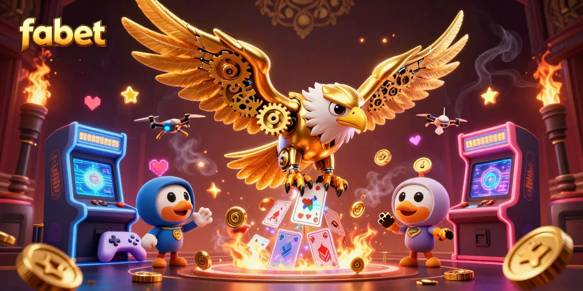 Experience fabet's dynamic gaming adventure with a cybernetic eagle amidst holographic cards.