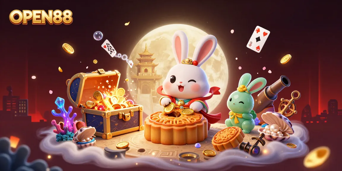 Experience the thrill of OPEN88 with a dynamic scene featuring a moon rabbit revealing poker chips.