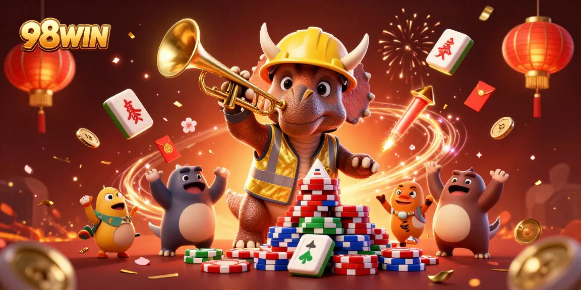 Engaging scene showcasing 98WIN's vibrant gambling elements with cartoon dinosaurs at a poker chip pyramid.