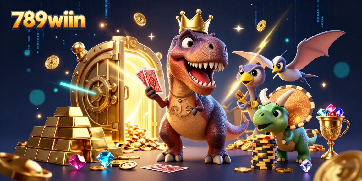 Experience the excitement at 789wiin casinos as a T-Rex plays cards and wins golden chips!