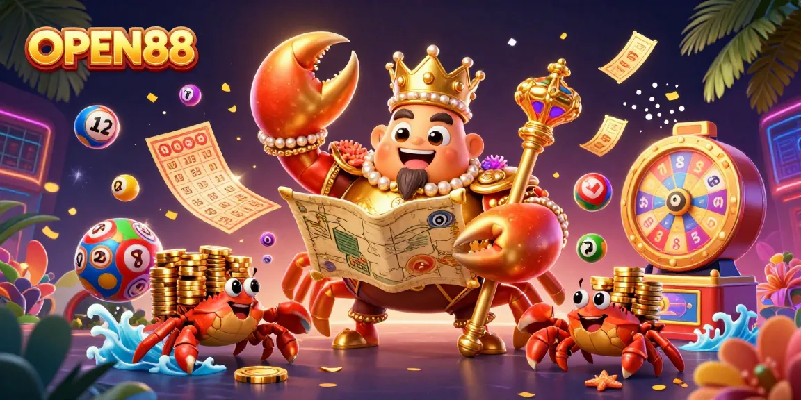 Experience thrilling gameplay at OPEN88 with a golden crab emperor amidst colorful lottery elements.