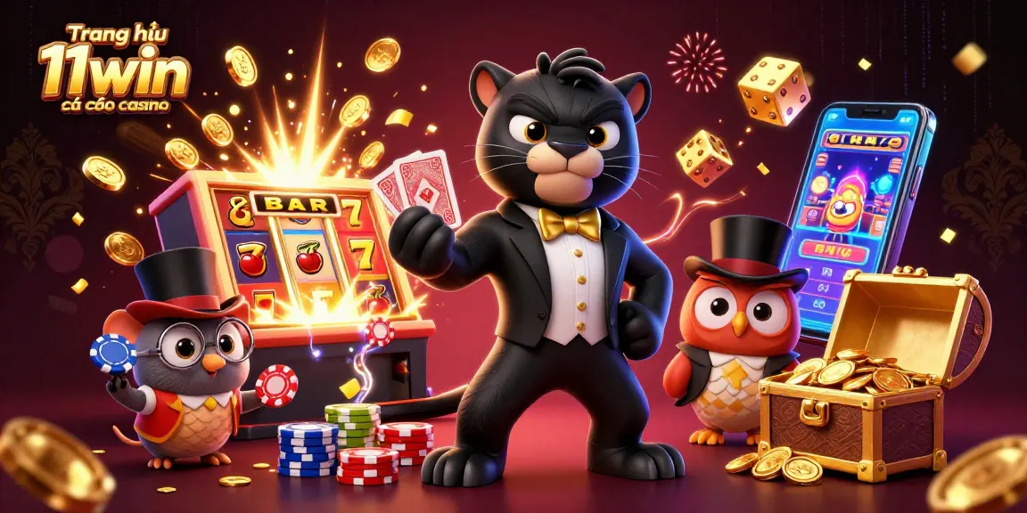 Engaging illustration of Trang chủ 11win cá cược casino featuring a black panther dealing cards, an owl with poker chips, and a lucky mouse surrounded by vibrant casino elements.