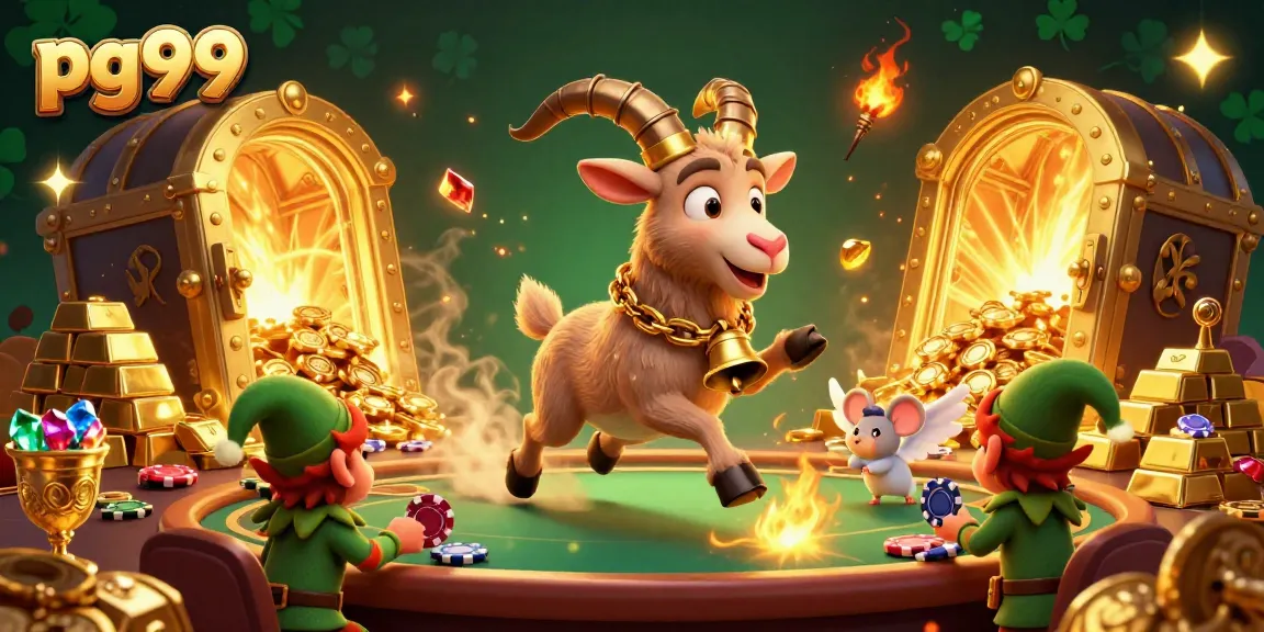 Experience thrilling gameplay at pg99 with festive chaos in this lively casino illustration featuring Krampus and elves.