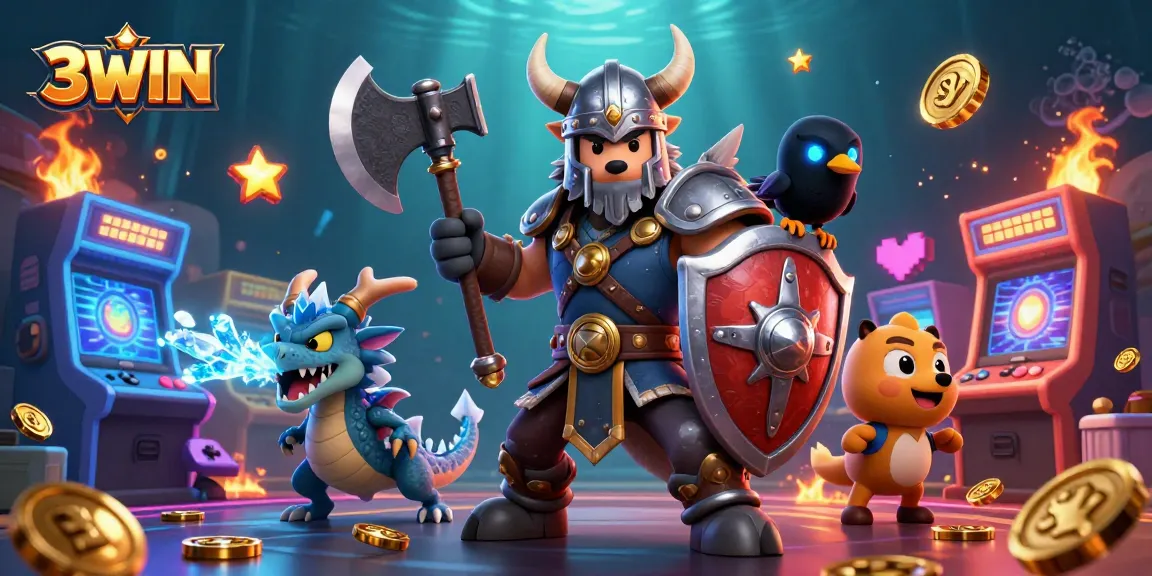 Engage with 3WIN as the Viking wolf warrior battles through a colorful gaming world filled with dynamic elements.