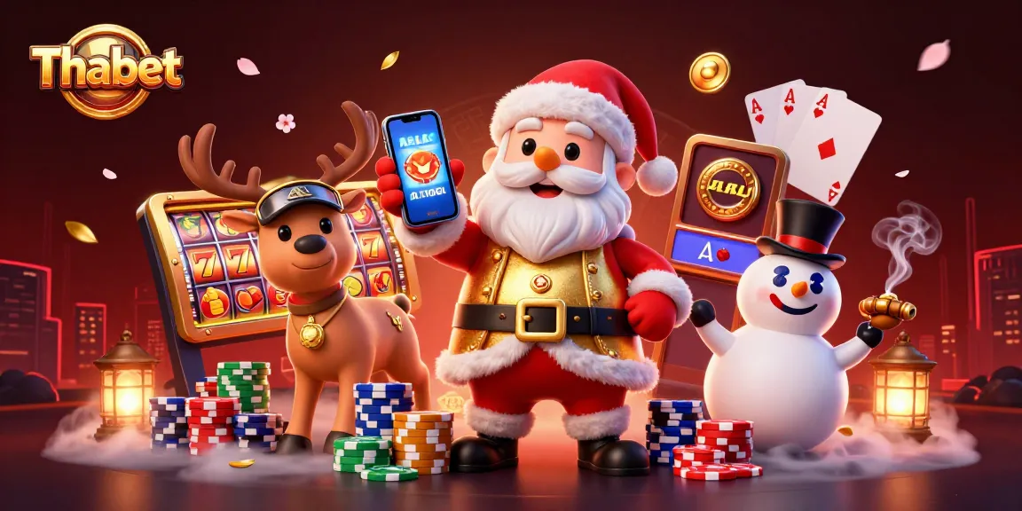Thabet celebrates casino wins with vibrant characters, slot reels, and colorful poker chips in a lively scene.