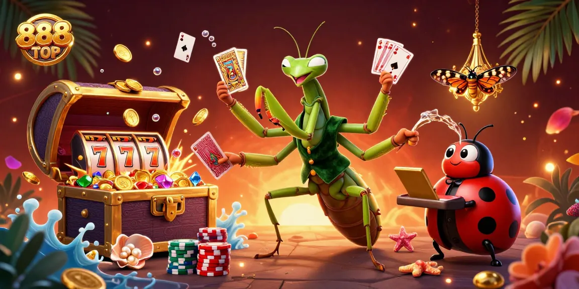 Experience exciting gaming at 888TOP as the giant mantis deals cards and shuffles chips in a vibrant casino scene.