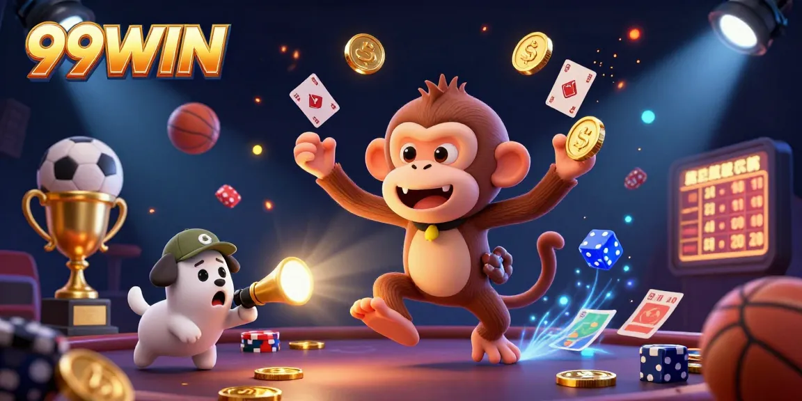 Experience thrilling gameplay with 99WIN as a mischievous monkey juggles golden casino elements in a vibrant environment.