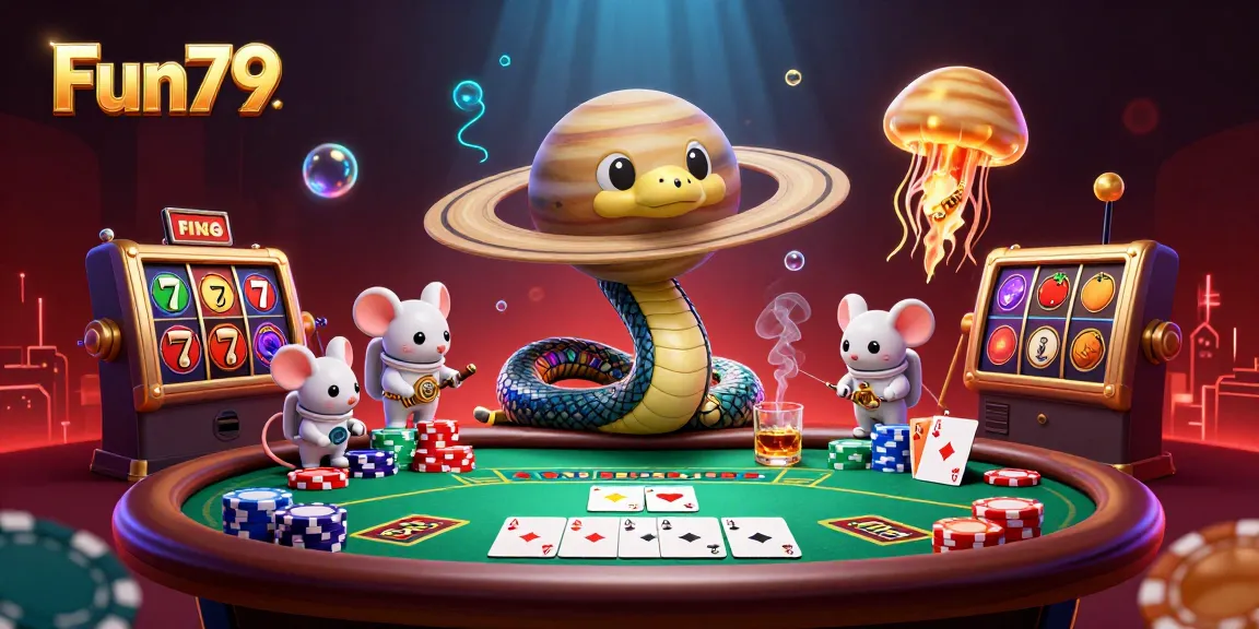Experience the thrill at Fun79 with a vibrant 3D casino scene featuring a roulette snake and astronaut mice.